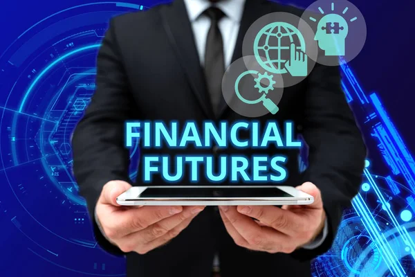 Didascalia del testo che presenta Financial Futures. Contratto di approccio commerciale per acquistare o vendere qualcosa come valuta estera Man In Office Uniform Holding Tablet Visualizza la nuova tecnologia moderna. — Foto Stock