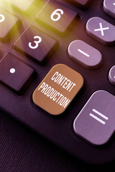 Text sign showing Content Production. Business approach way of developing and creating visual or written assets Writing Interesting Online Topics, Typing Office Annoucement Messages