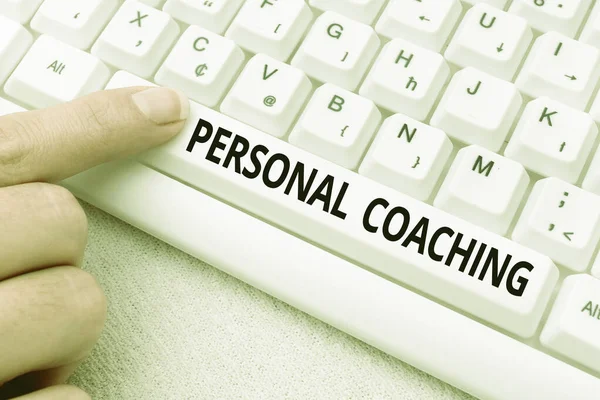 Conceptual display Personal Coaching. Conceptual photo relationship agreement between a client and a coach Lady finger showing-pressing keyboard keys-buttons for update
