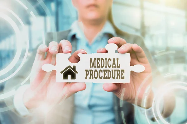 Sign displaying Medical Procedure. Word Written on a procedure employed by medical or dental practitioners Business Woman Holding Jigsaw Puzzle Piece Unlocking New Futuristic Tech.