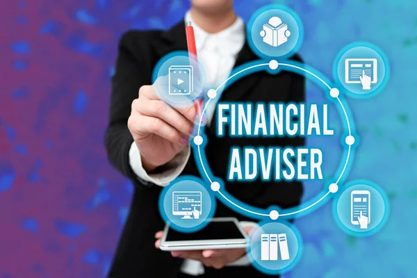 Sign displaying Financial Adviser. Word Written on person who is employed to provide financial services Lady In Uniform Holding Tablet In Hand Virtually Typing Futuristic Tech. — Stock Photo, Image