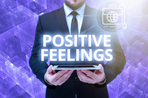 Conceptual display Positive Feelings. Concept meaning any feeling where there is a lack of negativity or sadness Man In Office Uniform Holding Tablet Displaying New Modern Technology. — Fotografia de Stock