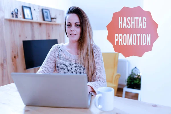 Text sign showing Hashtag Promotion. Business approach more showing can discover and engage with your content Browsing And Chatting In Social Media, Searching And Watching Videos — Stockfoto
