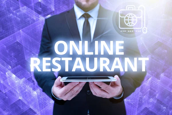 Sign displaying Online Restaurant. Word for internet that connects the restaurant or the food company Man In Office Uniform Holding Tablet Displaying New Modern Technology. — Photo