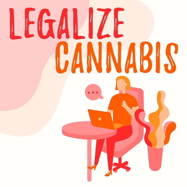 Inspiration showing sign Legalize Cannabis. Business concept law which legalized recreational cannabis use nationwide Woman Sitting Office Desk Using Laptop With Speech Bubble Beside Plant. — Fotografia de Stock
