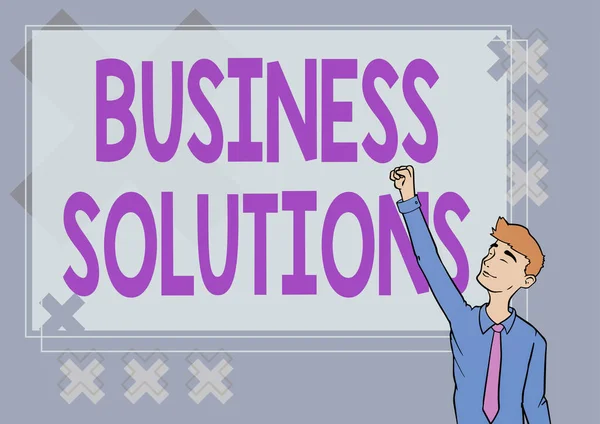 Inspiration showing sign Business Solutions. Internet Concept ideas used to help a company achieve its objectives Happy Man Illustration Standing Infront Board Raising Hands For Sucess. — Stockfoto