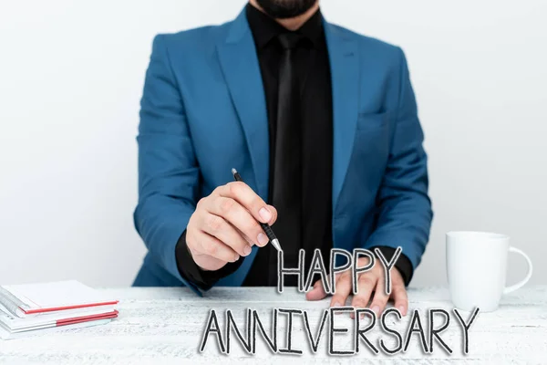 Sign displaying Happy Anniversary. Business showcase The annually recurring date of a past event celebration Discussing Important Idea Presenting And Explaining Business Plan Designs — Fotografia de Stock