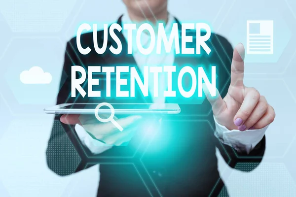 Sign displaying Customer Retention. Business approach Actions or activities companies take to retain customers Woman In Suit Holding Tablet Pointing Finger On Futuristic Virtual Button. — Stockfoto
