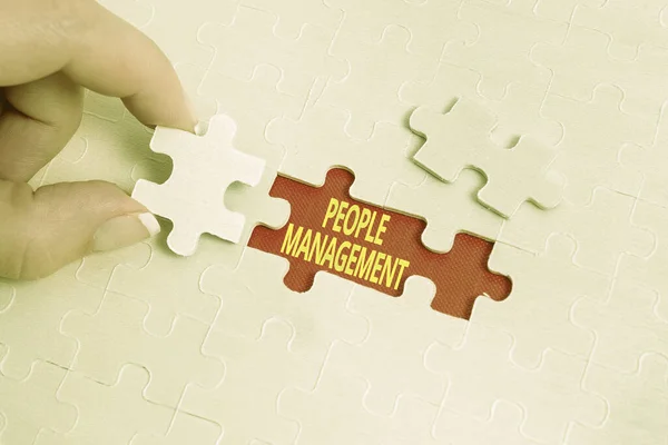 Inspiration showing sign People Management. Business overview process of unlocking and channelling employees potential Building An Unfinished White Jigsaw Pattern Puzzle With Missing Last Piece — Stockfoto