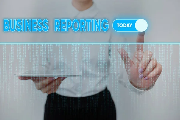Hand writing sign Business Reporting. Business showcase a formal written document for a business setting Lady Holding Tablet Pressing On Virtual Button Showing Futuristic Tech. — Stock Photo, Image