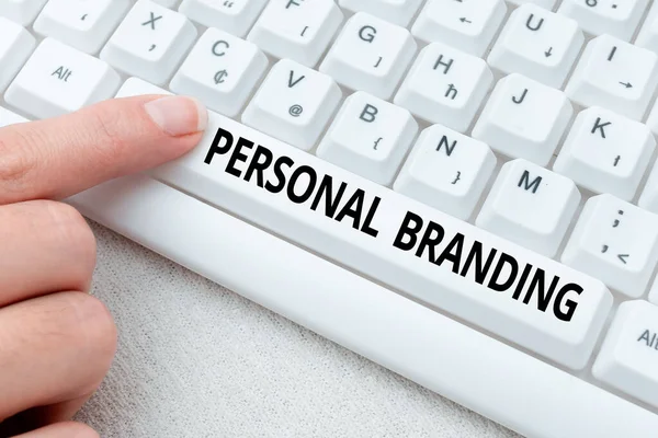 Writing displaying text Personal Branding. Conceptual photo process of creating a recognizable professional name Lady finger showing-pressing keyboard keys-buttons for update