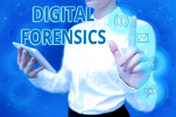 Text sign showing Digital Forensics. Concept meaning investigation of material found in digital devices Lady In Uniform Standing Hold Phone Virtual Press Button Futuristic Tech. — Zdjęcie stockowe