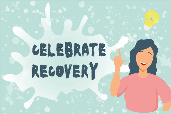 Handwriting text Celebrate Recovery. Concept meaning recovery program for anyone struggling with hurt or pain Lady Illustration Discovery New Idea Lamp With Speech Bubble. — Fotografia de Stock