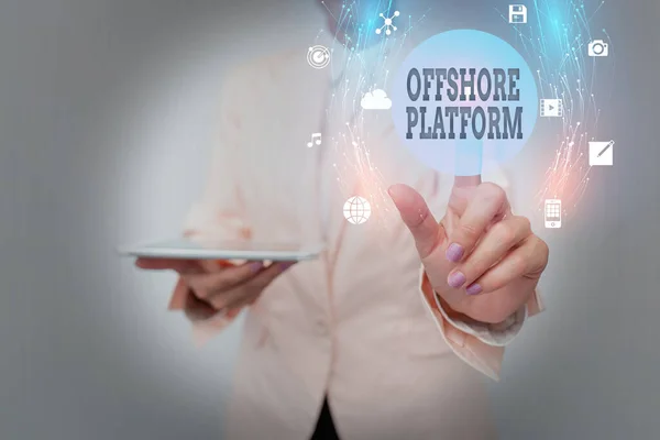 Inspiration showing sign Offshore Platform. Business idea structure with facilities for well drilling to explore Business Woman Using Phone While Presenting New Futuristic Virtual Display. — Foto Stock