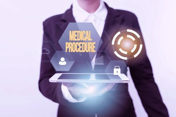 Text showing inspiration Medical Procedure. Business concept a procedure employed by medical or dental practitioners Woman In Suit Standing Using Device Showing New Futuristic Virtual Tech. — Stockfoto