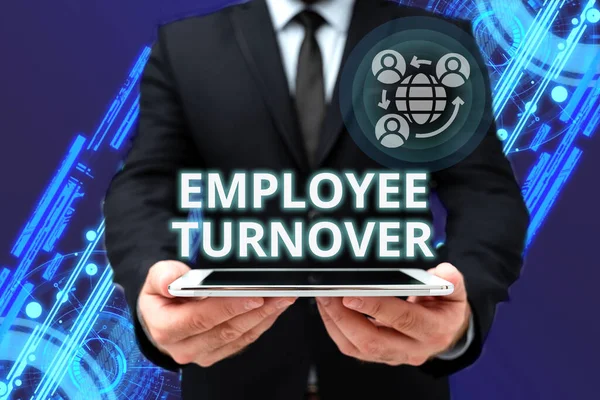 Text sign showing Employee Turnover. Concept meaning the percentage of workers who leave an organization Man In Office Uniform Holding Tablet Displaying New Modern Technology. — Φωτογραφία Αρχείου