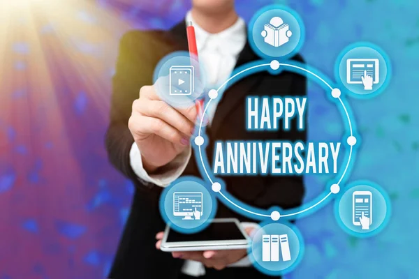 Hand writing sign Happy Anniversary. Business idea The annually recurring date of a past event celebration Lady In Uniform Holding Tablet In Hand Virtually Typing Futuristic Tech. — Fotografia de Stock