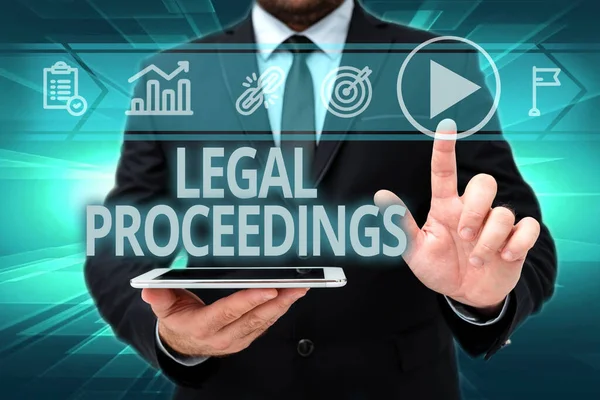 Handwriting text Legal Proceedings. Business approach procedure instituted in a court of law to acquire benefit Man In Office Uniform Standing Pressing Virtual Button Holding Tablet. — Stockfoto