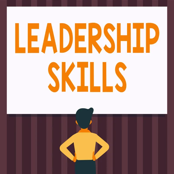 Inspiration showing sign Leadership Skills. Word Written on Skills and qualities that leaders possess Taking a lead Man Drawing Standing Hands N Hips Looking At An Empty Whiteboard. — Stock fotografie