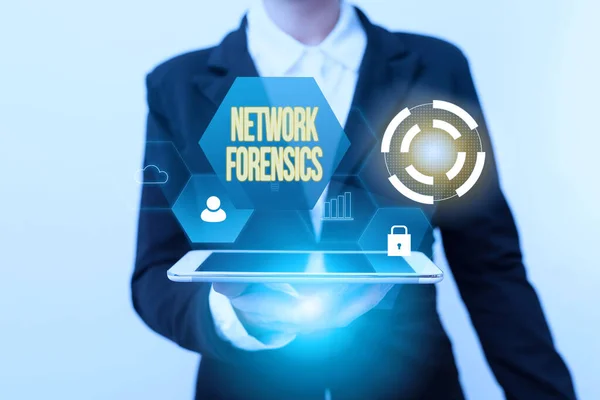 Sign displaying Network Forensics. Business showcase monitoring and analysis of computer network traffic Woman In Suit Standing Using Device Showing New Futuristic Virtual Tech. — Fotografia de Stock