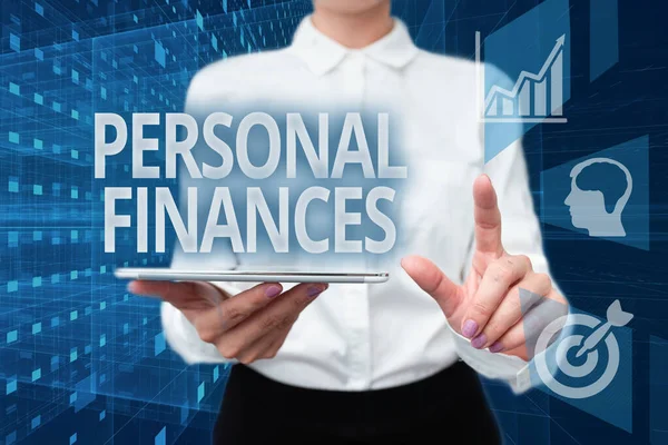 Text sign showing Personal Finances. Word for the activity of managing own money and financial decisions Lady In Uniform Holding Phone Virtual Press Button Futuristic Technology. — Fotografia de Stock
