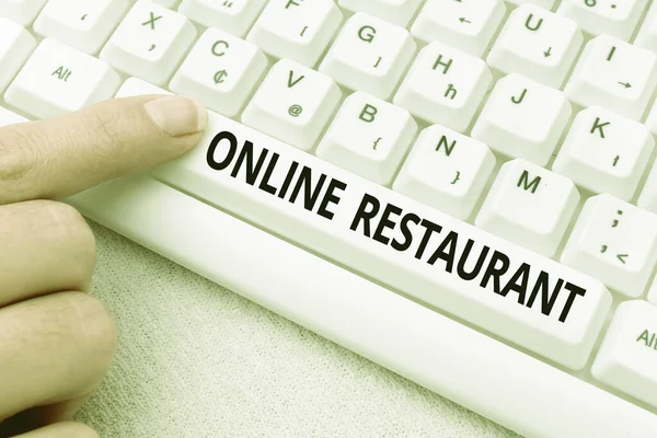 Writing displaying text Online Restaurant. Business concept internet that connects the restaurant or the food company Lady finger showing-pressing keyboard keys-buttons for update