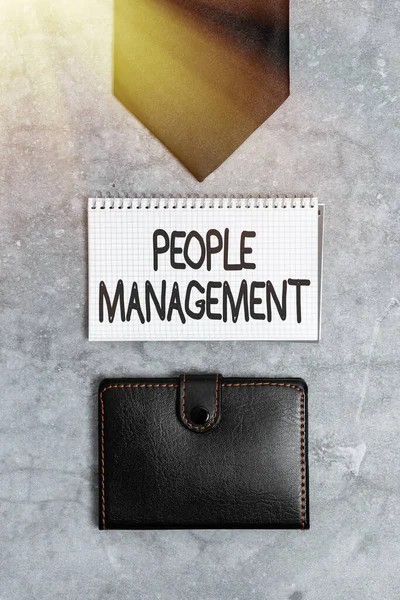 Conceptual caption People Management. Business idea process of unlocking and channelling employees potential Presenting Everyday Carry Essentials, Displaying Pocket Contents — Stockfoto