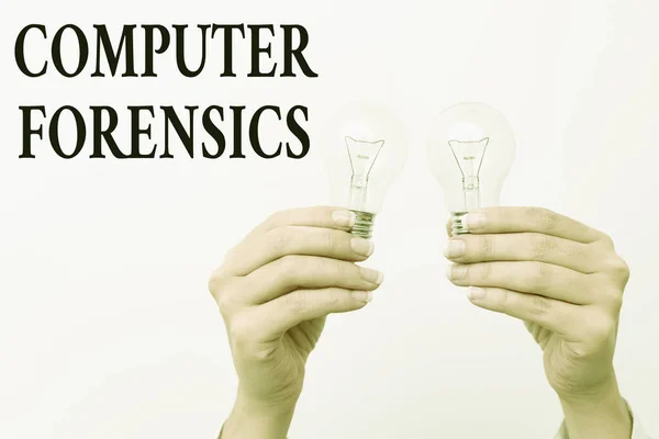 Conceptual display Computer Forensics. Business idea the investigative analysis techniques on computers two Hands holding lamp showing or presenting new technology ideas