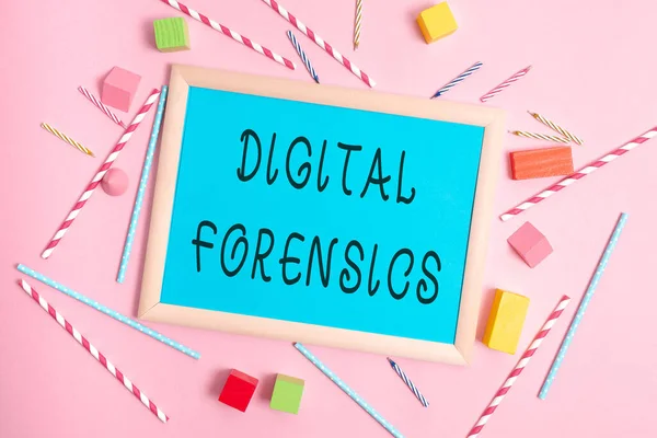 Inspiration showing sign Digital Forensics. Concept meaning investigation of material found in digital devices Colorful Party Invitation Designs Bright Celebration Planning Ideas — Zdjęcie stockowe