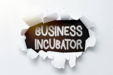 Metin İşletme İnkübatörü gösterimi yazılıyor. Yeni ve yeni başlayan şirketlerin kağıt üzerindeki gözyaşlarını geliştirmelerine yardımcı olan Internet Concept şirketi ön tarafın arkasındaki arka planı ortaya çıkardı
