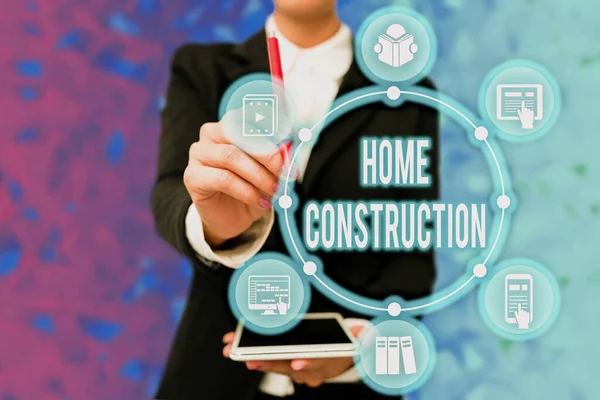 Sign displaying Home Construction. Concept meaning the process of constructing a living accommodation Lady In Uniform Holding Tablet In Hand Virtually Typing Futuristic Tech. — Foto Stock