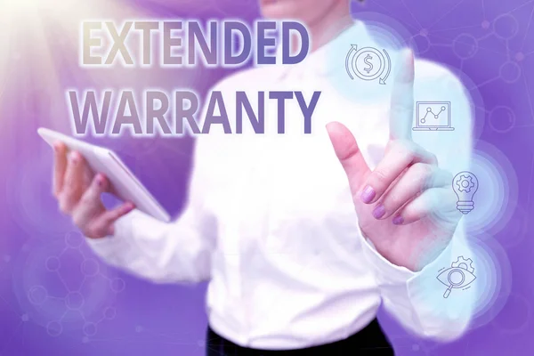 Sign displaying Extended Warranty. Business overview contract which gives a prolonged warranty to consumers Lady In Uniform Standing Hold Phone Virtual Press Button Futuristic Tech. — Fotografia de Stock