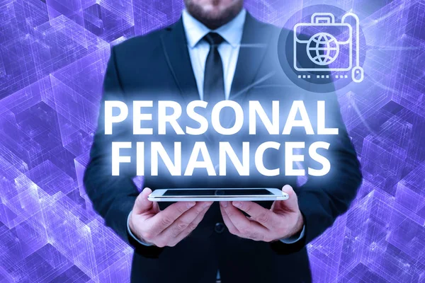 Hand writing sign Personal Finances. Business approach the activity of managing own money and financial decisions Man In Office Uniform Holding Tablet Displaying New Modern Technology. — Fotografia de Stock