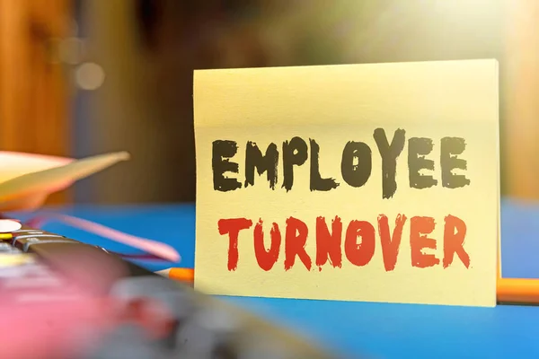 Writing displaying text Employee Turnover. Concept meaning the percentage of workers who leave an organization Multiple Assorted Collection Office Stationery Photo Placed Over Table — Fotografia de Stock