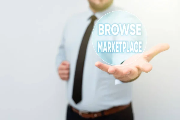 Text sign showing Browse Marketplace. Concept meaning looking through a set of information in the market Presenting New Plans And Ideas Demonstrating Planning Process — Stockfoto