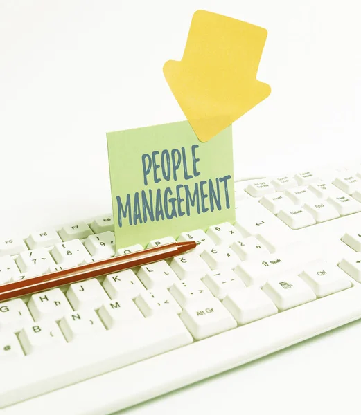 Hand writing sign People Management. Concept meaning process of unlocking and channelling employees potential Computer Laptop For Communication Typing New Ideas And Plan Development — Fotografia de Stock