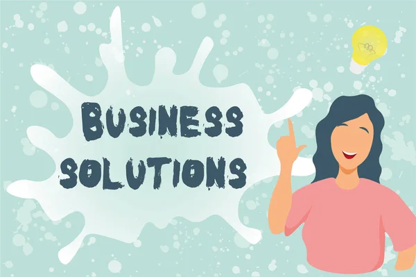 Text sign showing Business Solutions. Concept meaning ideas used to help a company achieve its objectives Lady Illustration Discovery New Idea Lamp With Speech Bubble. — Stockfoto