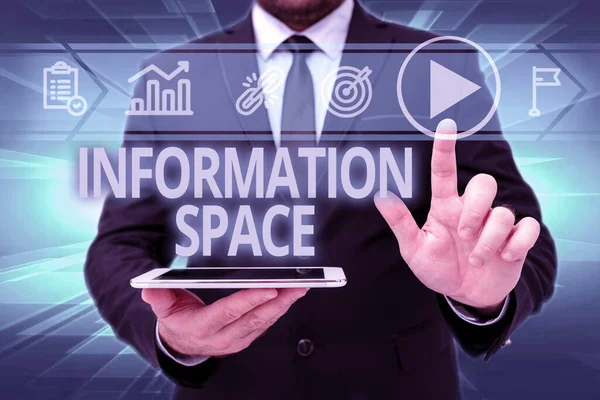 Conceptual display Information Space. Word Written on place especially a website where information is available Man In Office Uniform Standing Pressing Virtual Button Holding Tablet. — Fotografia de Stock