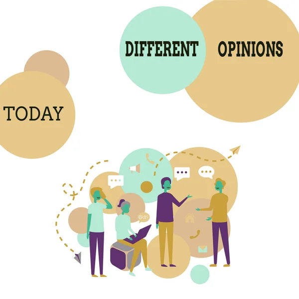 Inspiration showing sign Different Opinions. Concept meaning a conflict of opposed ideas or attitudes or goals Four Colleagues Illustration Having Conversations Brainstorming New Ideas. — Stockfoto