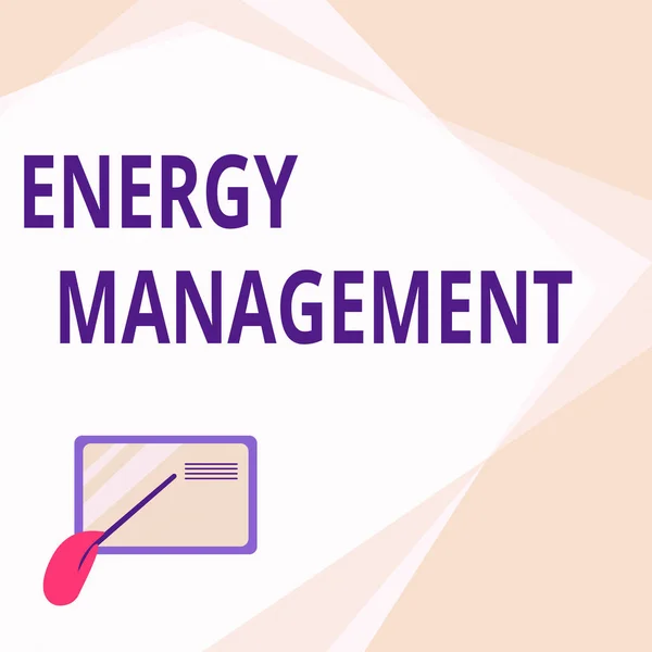 Text caption presenting Energy Management. Internet Concept way of tracking and monitoring energy to conserve usage Card Drawing With Hand Pointing Stick At Small Details.