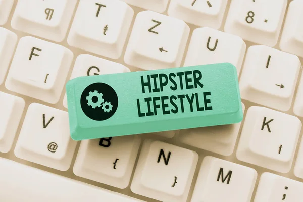 Text caption presenting Hipster Lifestyle. Conceptual photo choices and music interests fall outside the mainstream Abstract Online Registration Process, Typing Personal Informations