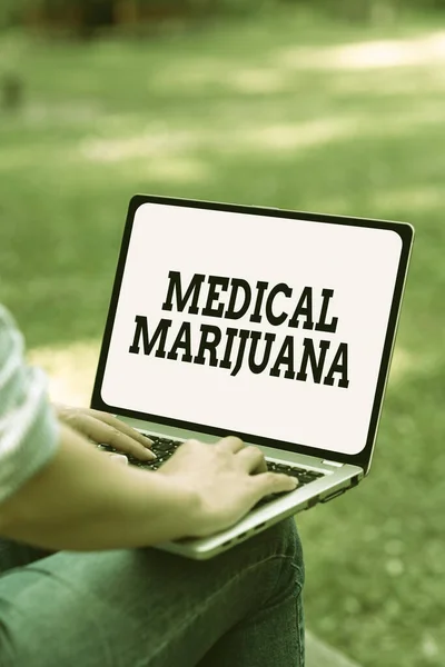 Exhibición conceptual Marihuana medicinal. escaparate de negocios recomendado examinando como tratamiento de una condición médica puestos de trabajo en línea y trabajando de forma remota conectar a las personas juntas —  Fotos de Stock