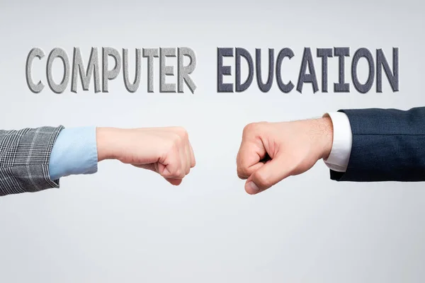 Writing displaying text Computer Education. Word for gaining basic knowledge and skills to operate computers Two Professional Well-Dressed Corporate Businessmen Handshake Indoors — Stock Photo, Image