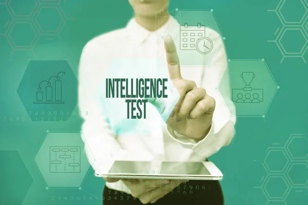 Text sign showing Intelligence Test. Internet Concept test designed to measure the ability to think and reason Lady In Uniform Holding Phone Virtual Press Button Futuristic Technology. — Stockfoto