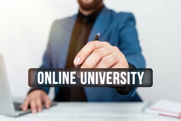 Hand writing sign Online University. Internet Concept provides education programs through electronic media Remote Office Work Online Presenting Business Plans Designs — Stockfoto