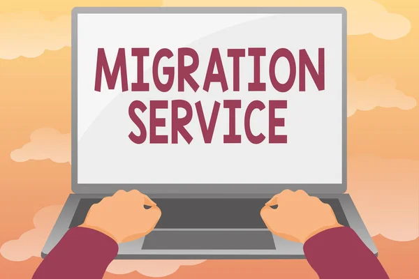 Hand writing sign Migration Service. Business concept moving of company data to a cloud service providers Editing And Formatting Online Articles, Typing Creative Reading Contents — Stockfoto