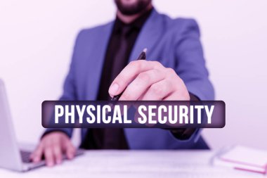 Yazı başlığı Fiziksel Güvenliği temsil ediyor. Uzaktan Ofis Çalışmaları Çevrimiçi İş Planları Tasarımlarına yetkisiz erişimi reddetmek üzere tasarlanmış bir iş gösterisi.
