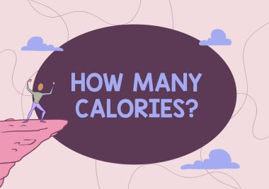 Kaç Kalori Sorusu 'nu gösteren metin işareti. İş yaklaşımı vücudumuzun ondan ne kadar enerji alabileceğini soruyor Atletik Adam çizimi Dağ Bulutlara tırmanma başarısıyla gurur duyuyor Gökyüzü.