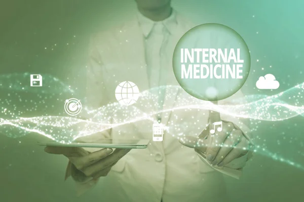 Inspiration showing sign Internal Medicine. Word Written on dedicated to the diagnosis and medical treatment of adults Lady In Uniform Holding Tablet In Hand Virtually Tapping Futuristic Tech.