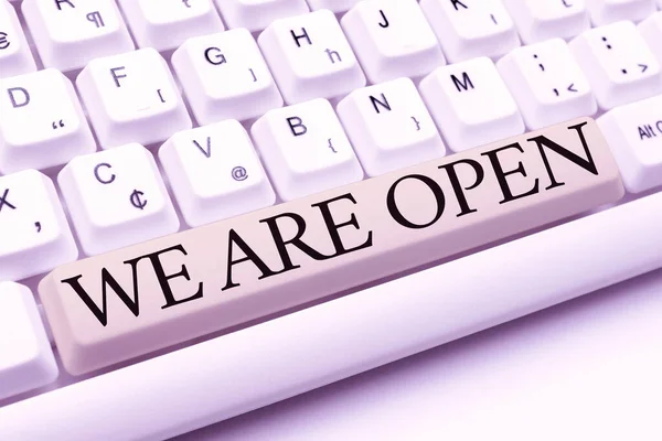 Text sign showing We Are Open. Business approach no enclosing or confining barrier, accessible on all sides Buying And Selling Goods Online, Listing Products Through Internet — Stock Photo, Image